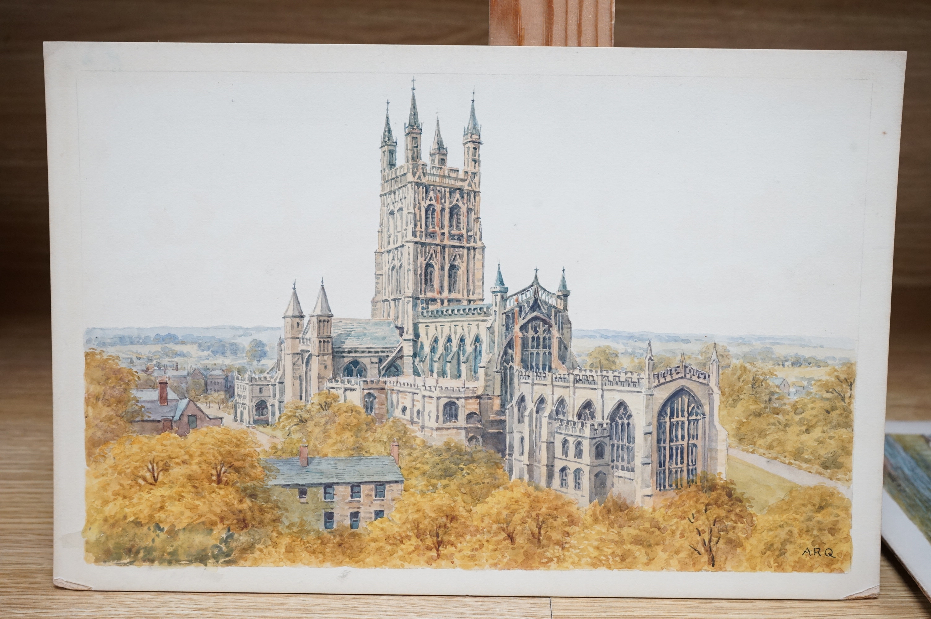Alfred Robert Quinton (1853-1934), two watercolours for postcard designs of Gloucester Cathedral and Worcester Cathedral, one signed, one initialled, 18 x 28cm, unframed. Condition - fair, minor discolouration